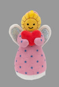 A pink 5 in Angel with blue stars on her gown keychain holding a heart full of love with spakly wings and a yellow face with a halo because angels are made of light.