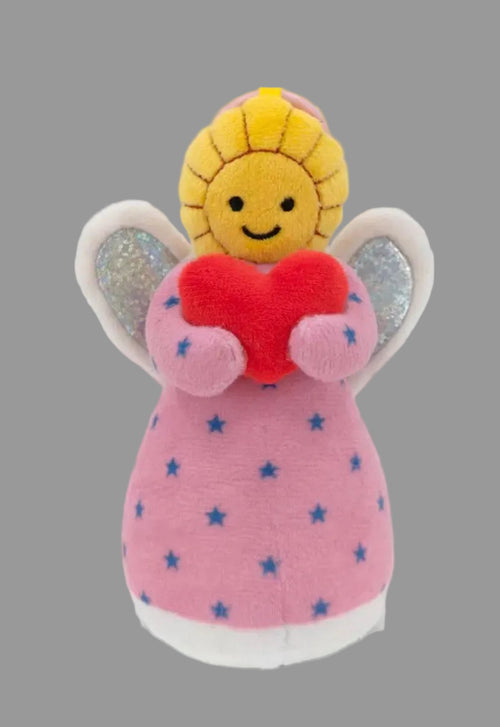 A pink 5 in Angel with blue stars on her gown keychain holding a heart full of love with spakly wings and a yellow face with a halo because angels are made of light.